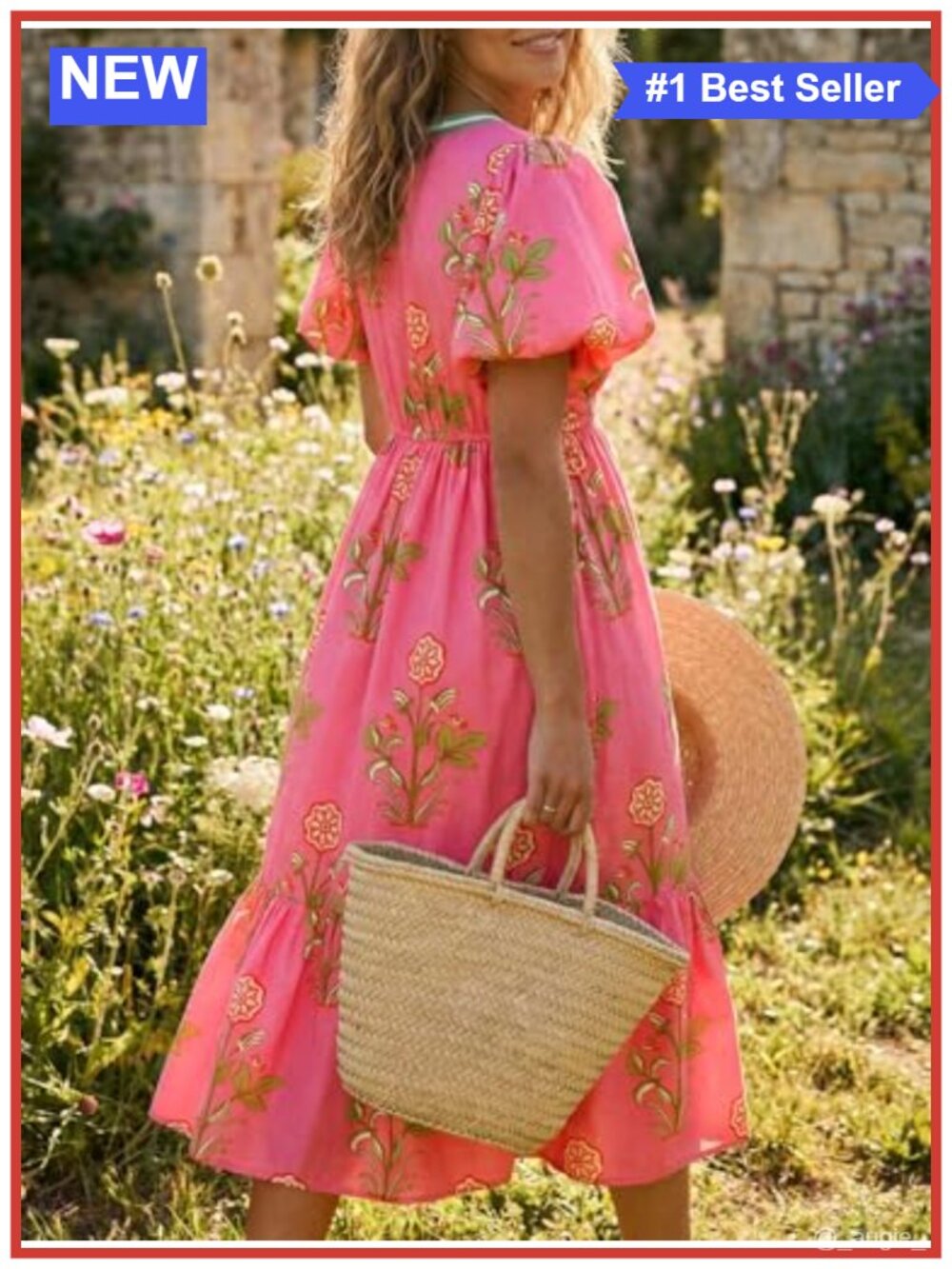 Womens Floral Print Maxi Dress V Neck Puff Short Sleeve Boho Beach Casual A-Line - Picture 2 of 6
